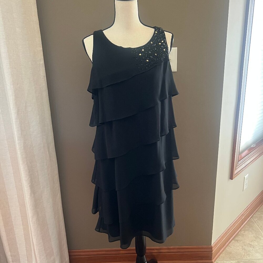 Jessica Howard Black Sleeveless Tiered Cocktail Midi Dress, Beaded, Size 14